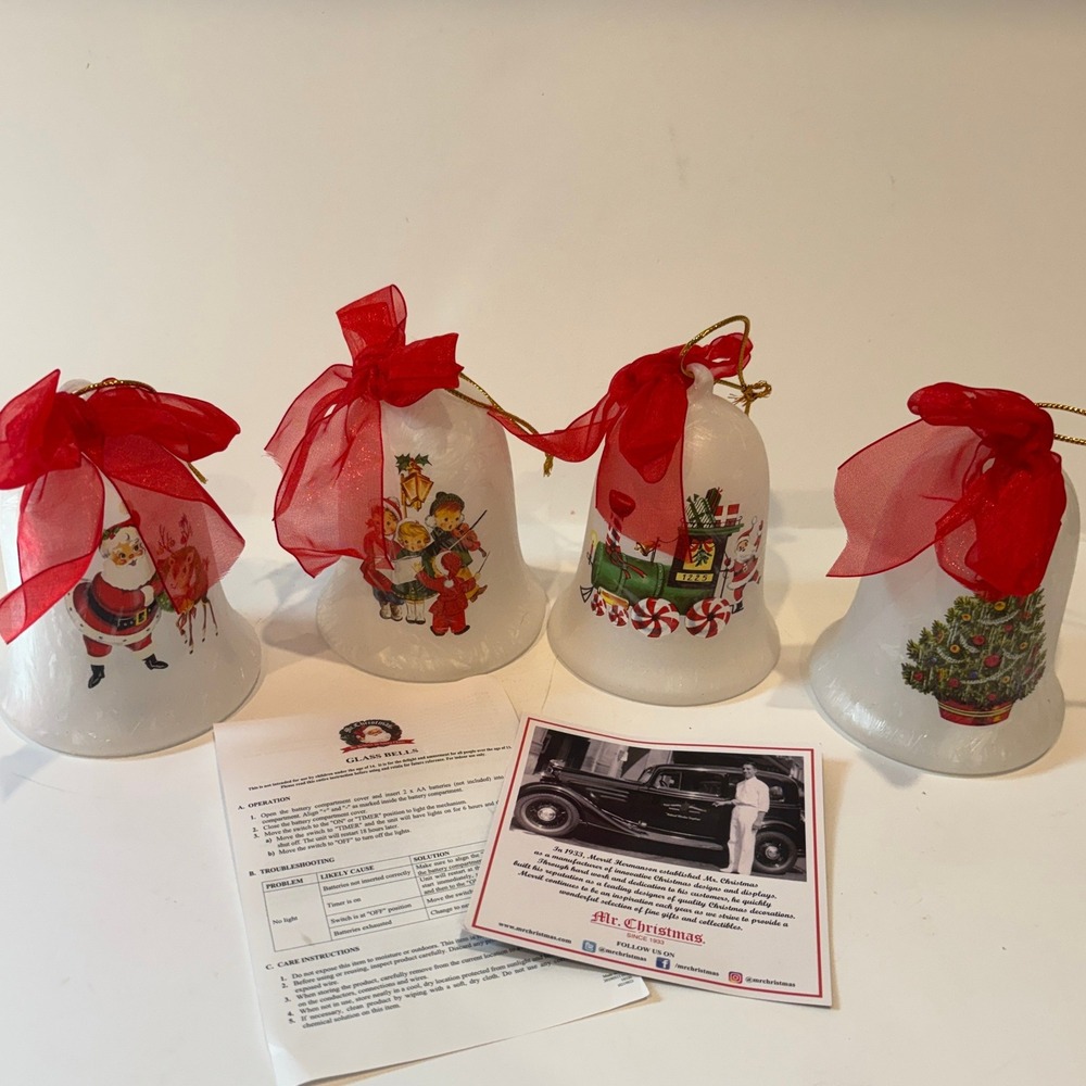 Mr. Christmas Glass Bells Set of 4 Frosted Lighted Ornaments Timer Vintage Style